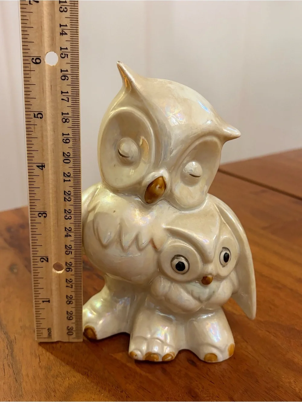 Vintage Iridescent Ceramic Mother & Baby Owl Figurine 6